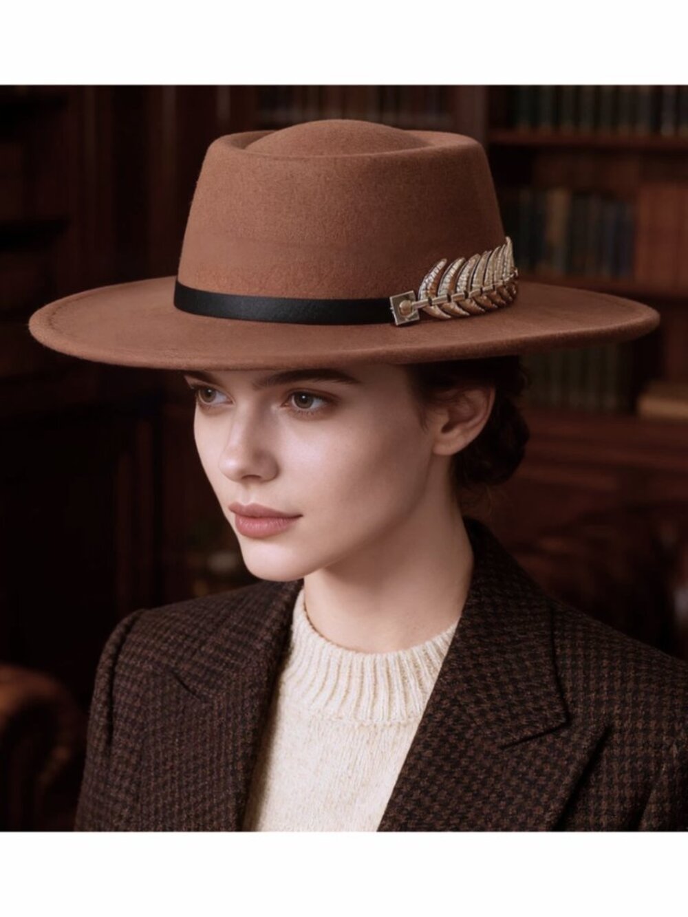Boho Wide Brim Fedora Hat with Black band & Metallic Fishbone Trim- In Mocha